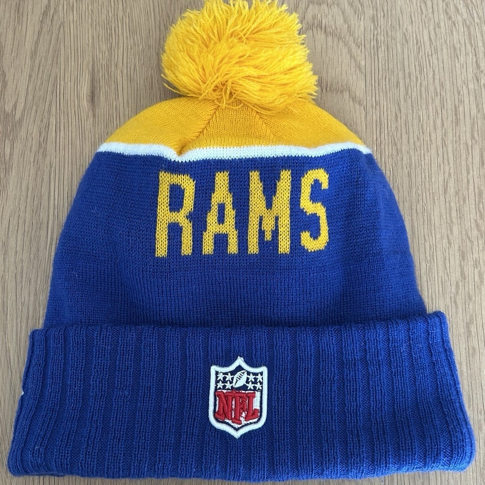 New Era Los Angeles Rams NFL Royal Blue Yellow‎ Sideline Pom Pom Beanie Knit Hat
